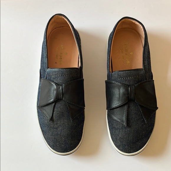 KATE SPADE Black Bow Dark Denim Slip-Ons Sz 7 - Picture 2 of 8